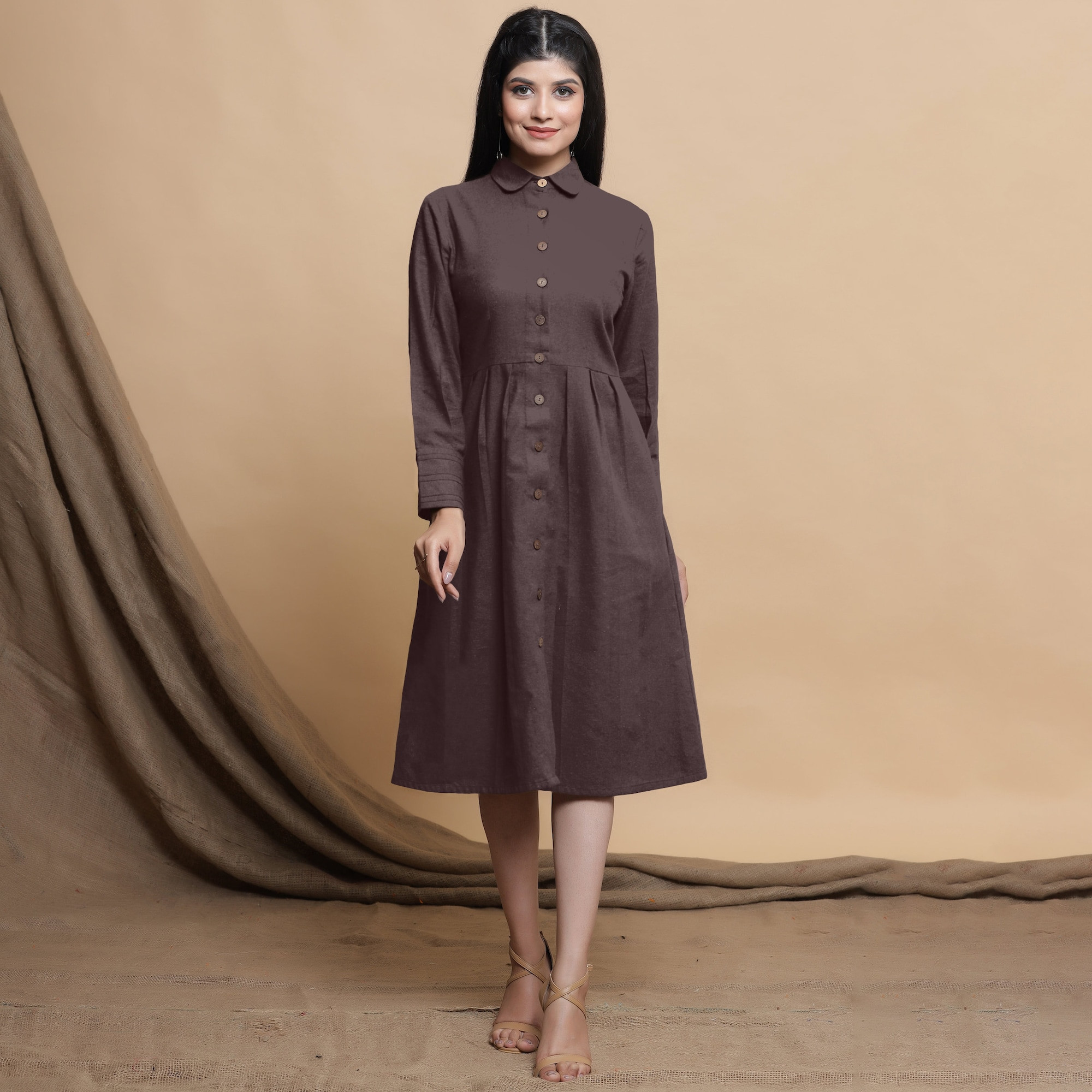 Customizable Brown Cotton Flax Knee Length Formal Dress with Pockets, Peter Pan Pleated Button Down Style Dress for Women