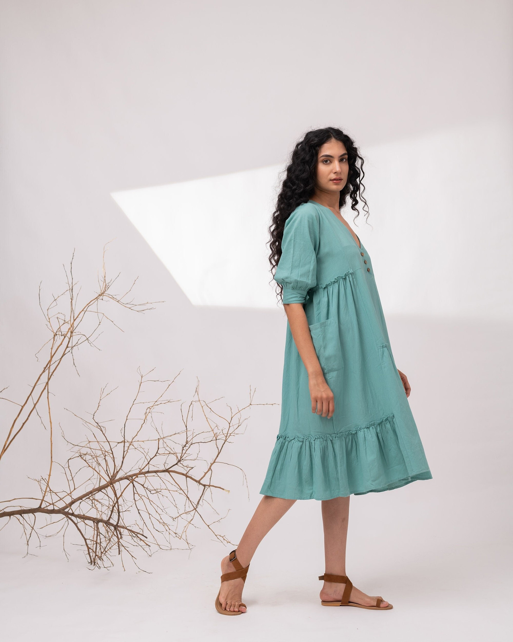 Elegant Women’s Linen Midi Dress with Ruffle Trim – Flowy Summer Button Down Dress for Ladies