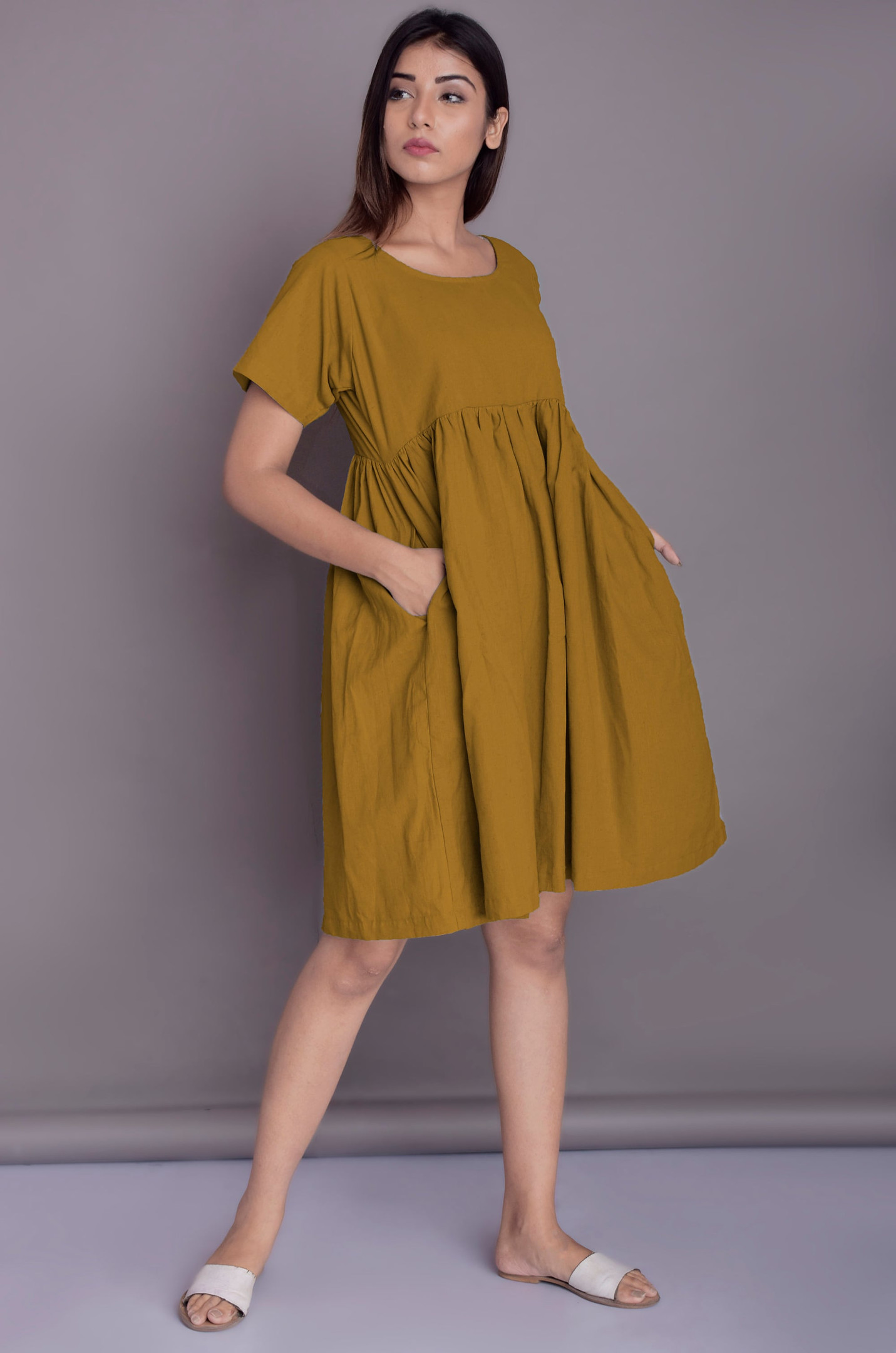 Women’s Handmade Linen Midi Dress with Pockets, Short Sleeves & Empire Waist