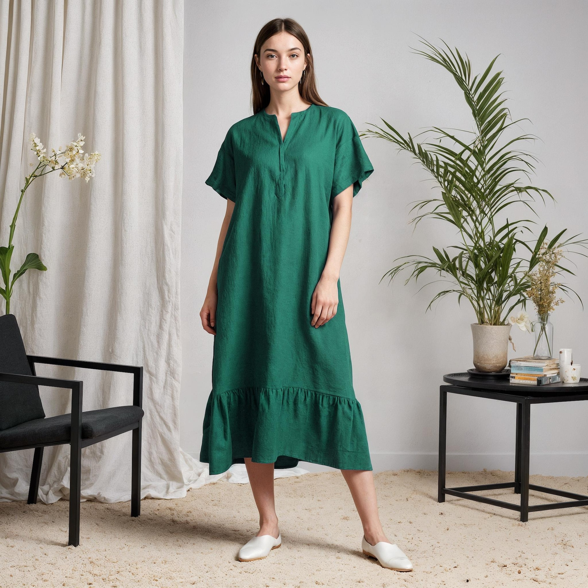 Women’s Linen Peplum Shirt Dress – Shin Length Summer Dress