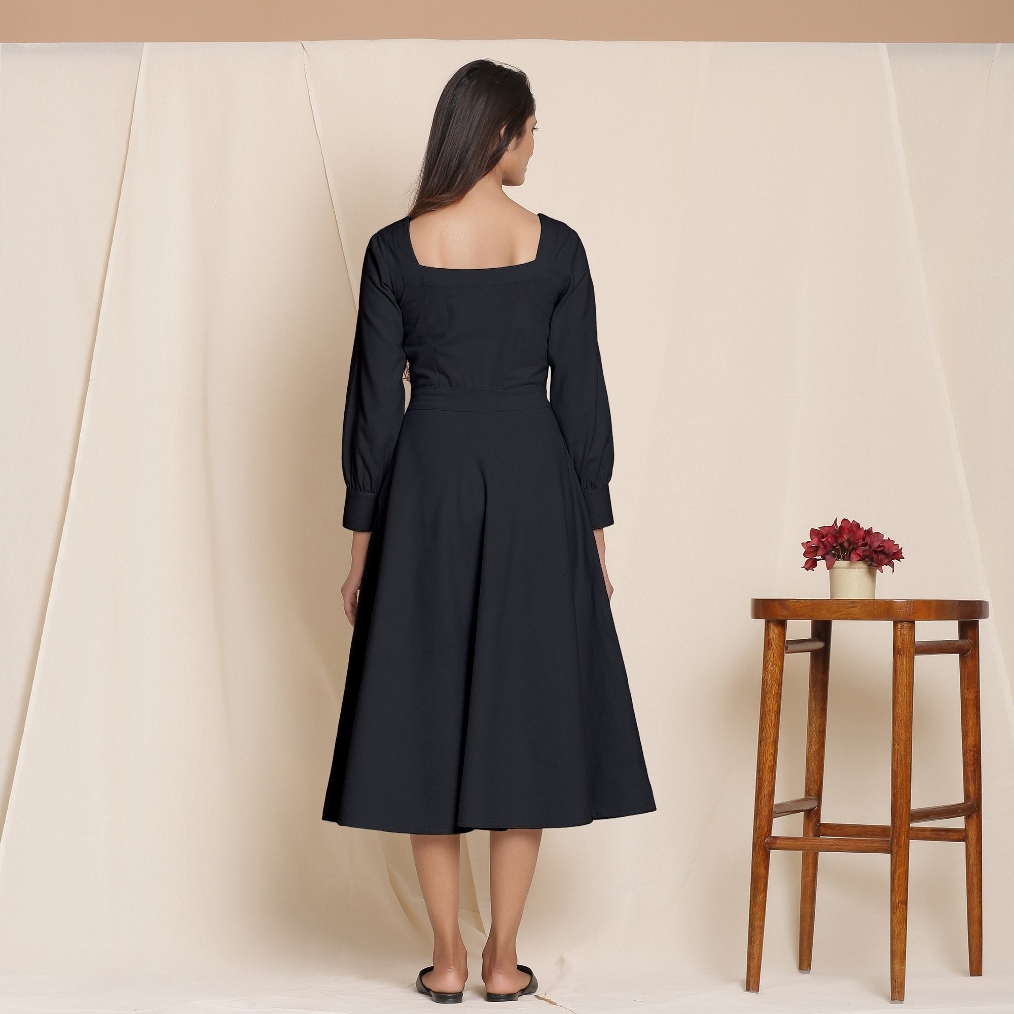 womens-square-neck-midi-dress-customizable-fit-flare-cotton-flannel-with-poc-tm8h5yci Women's Square Neck Midi Dress, Customizable Fit & Flare Cotton Flannel with Pockets, Plus Size to Tall Petit