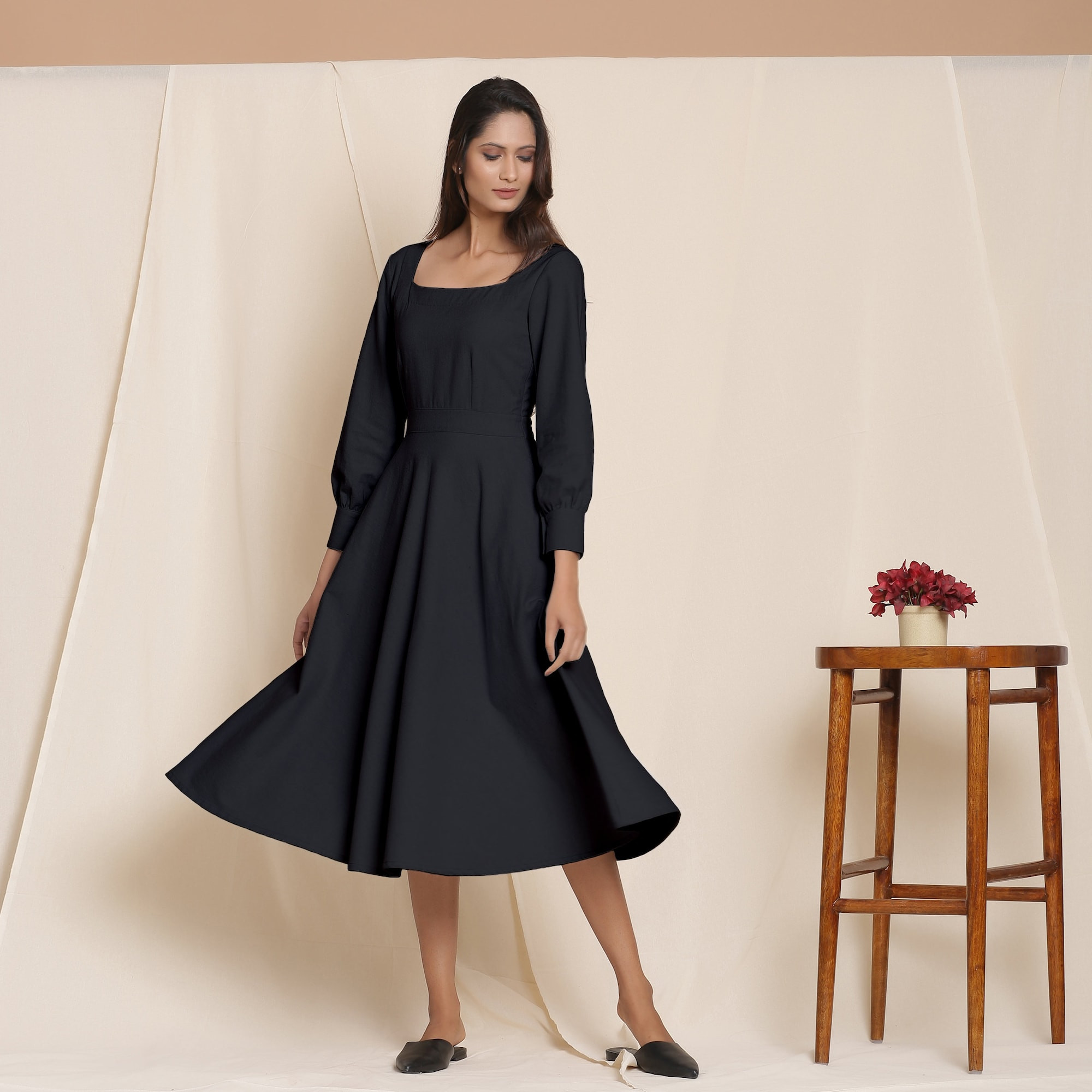 Women’s Square Neck Midi Dress, Customizable Fit & Flare Cotton Flannel with Pockets, Plus Size to Tall Petit